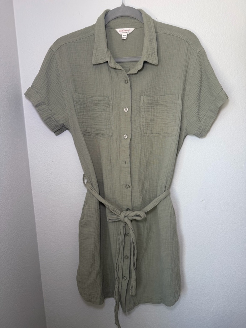 Size S 100% Cotton Olive Green Button-Front Gauzy Shirt Dress with Waist Tie - Picture 2 of 6